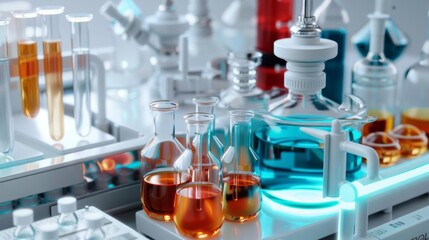A close-up of laboratory equipment, including beakers, flasks, and test tubes filled with colorful liquids.