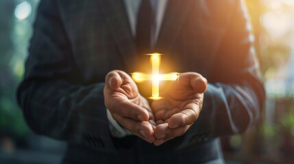 Man holding glowing cross, symbolizing growth, opportunity.