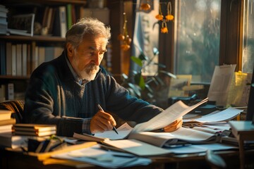 Fototapeta premium The Scholar's Sanctuary: An elderly gentleman immersed in his research, bathed in the warm glow of his study.