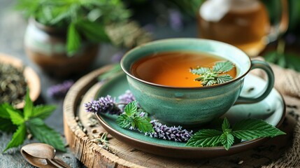 A calming herbal tea served in a rustic ceramic cup, garnished with fresh herbs and flowers, creating a natural, soothing atmosphere.