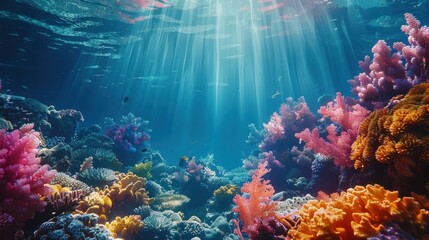 Obraz premium A colorful coral reef with many fish swimming around. The fish are orange and blue. The reef is full of life and color