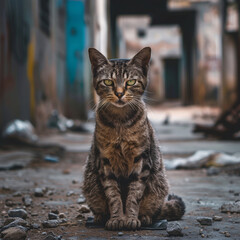 Lonely Stray Cat Sitting in an Abandoned Alley.