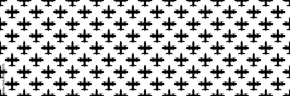 Poster horizontal seamless black propeller airplane design for pattern and background.