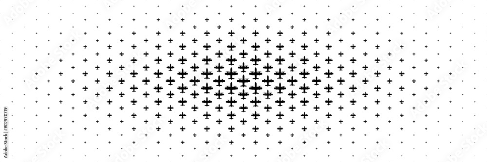 Poster horizontal halftone of black propeller airplane spreading from center for pattern and background.