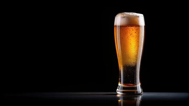 Glass of beer isolated on black background, alcohol, beverage, brew, drink, cold, refreshing, pub, bar, foam, pint, craft, lager