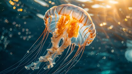 Fototapeta premium Mesmerizing Jellyfish Drifting in Sunlit Ocean Ethereal Marine Creature Glowing Underwater