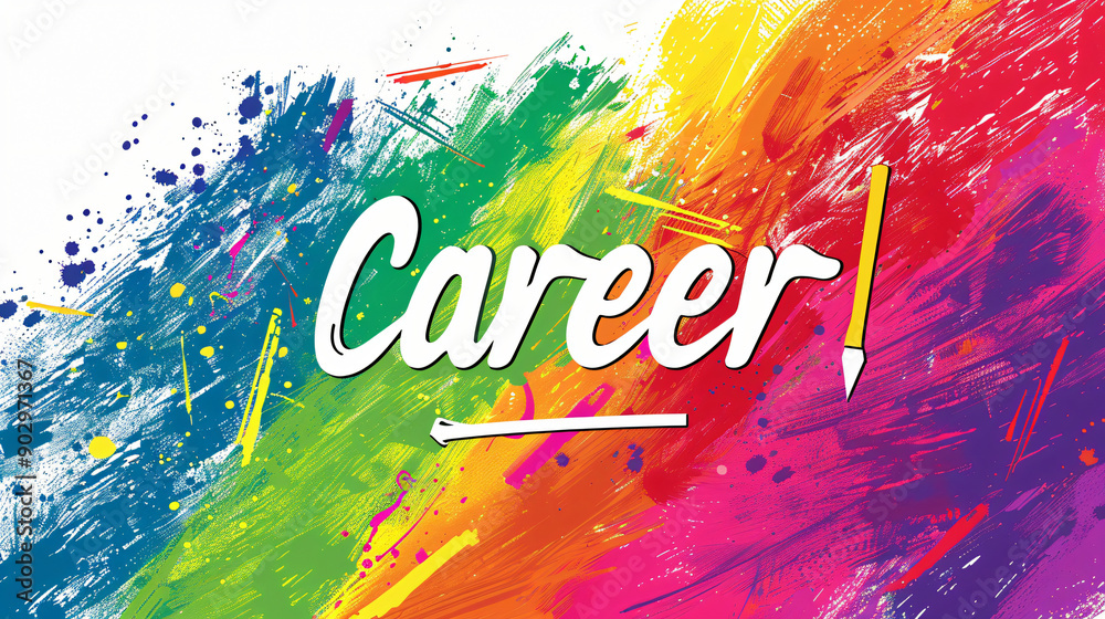 Poster Colorful image representing career with brush strokes and an arrow pointing the way