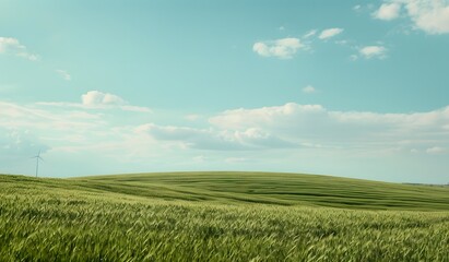 Fototapeta premium wind turbine on green field with blue sky, high resolution photography, professional color grading, soft shadows, no contrast,