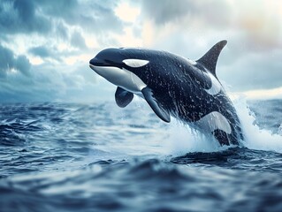 Fototapeta premium Majestic Orca Breaching Through Dramatic Oceanic Seascape with Cloudy Sky
