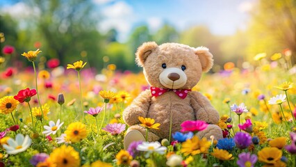 Fototapeta premium Cute teddy bear surrounded by colorful flowers in a sunny field, teddy bear, cute, flowers, field, colorful, nature, adorable, plush, toy