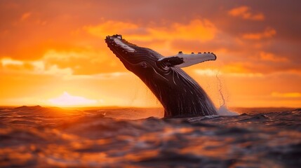 Fototapeta premium Majestic Humpback Whale Breaching Against Dramatic Sunset Sky
