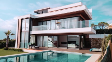 Fototapeta premium Modern Luxury Villa Overlooking Sparkling Pool Surrounded by Lush Greenery on a Sunny Day