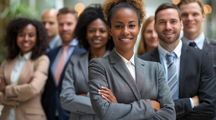 Fototapeta premium A diverse group of professionals stands confidently together in an urban office, showcasing teamwork and unity during a workday
