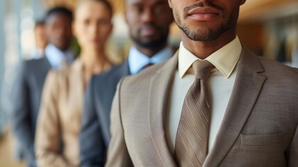 A diverse group of well-dressed professionals stands in formation, showcasing teamwork and collaboration in a contemporary office setting
