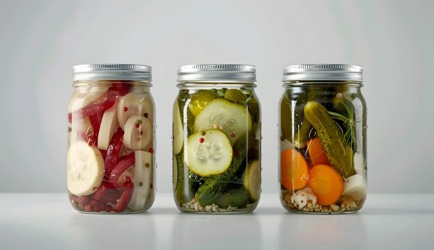 Surreal photography of mason jars with pickled vegetables isolated on a white background, with natural light, professional color grading,