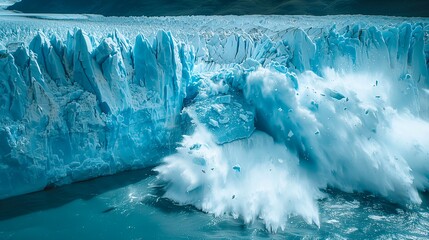 Massive glacial ice collapse into turquoise waters under bright sunny sky in remote natural landscape