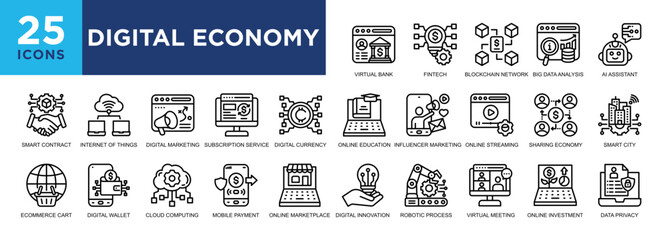 Digital Economy, technology, business, finance, financial, money icon set. icons collection. Simple vector illustration