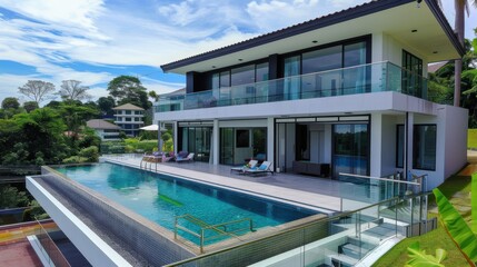 Fototapeta premium Modern Luxury Villa Overlooking Tropical Landscape With Infinity Pool and Clear Blue Sky