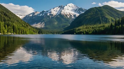 clear blue lake surrounded by tall mountains and a forest,