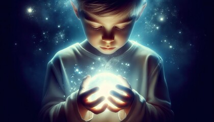 Naklejka premium A young boy carefully cradles a luminous orb, his expression filled with awe and fascination, highlighting the magical and boundless possibilities of child, hoodBoundless Imagination, 