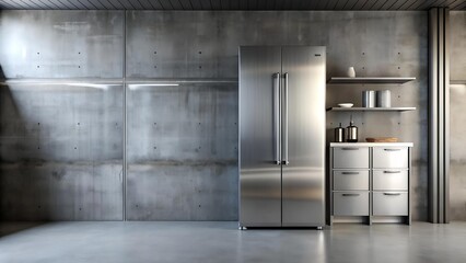 Industrial Chic: Brushed Stainless Steel Fridge Against Raw Concrete  Generative AI