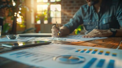 Obraz premium Closeup Photo of Person Analyzing Business Charts on a Desk