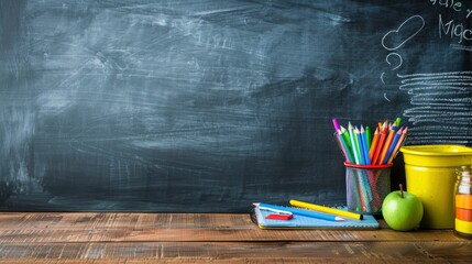 Working place on empty rubbed out on blackboard chalkboard texture background for classroom or wallpaper, add text message, generative ai