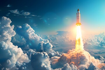 A Majestic Rocket Launching Through the Clouds into the Blue Sky