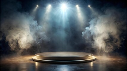 Ephemeral Radiance: A Single Spotlight Illuminates a Circular Stage Bathed in Swirling Smoke  Generative AI