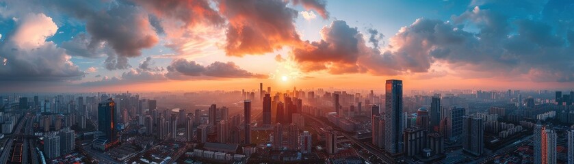 Fototapeta premium A city skyline with a river running through it. The sky is a beautiful orange and pink color