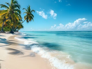 Naklejka premium Tranquil Tropical Beach with Swaying Palm Trees and Crystal Clear Turquoise Waters