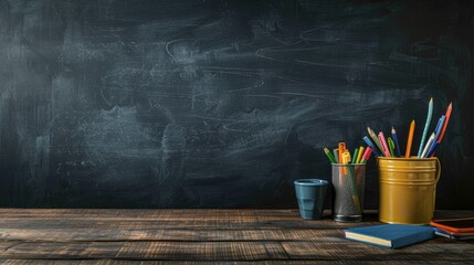 Working place on empty rubbed out on blackboard chalkboard texture background for classroom or wallpaper, add text message, generative ai