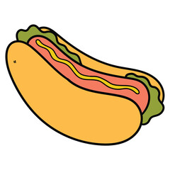 Hand drawn cartoon hot dog with mustard and salad leaves on white background.
