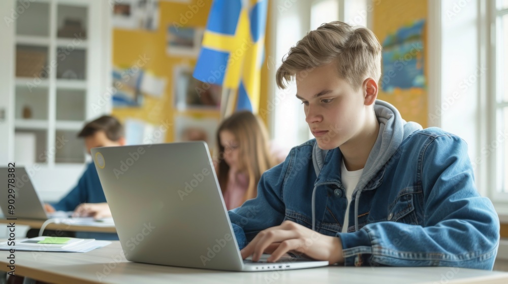 Poster A student focuses intently on his laptop while seated at a desk in a classroom adorned with a Swedish flag.