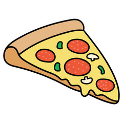 Hand drawn cartoon slice of pepperoni pizza on white background.