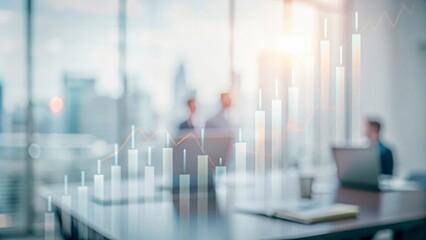 A professional office setting with a blurred background and an overlay of business data charts.