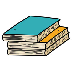 Hand drawn cartoon stack of books on white background.