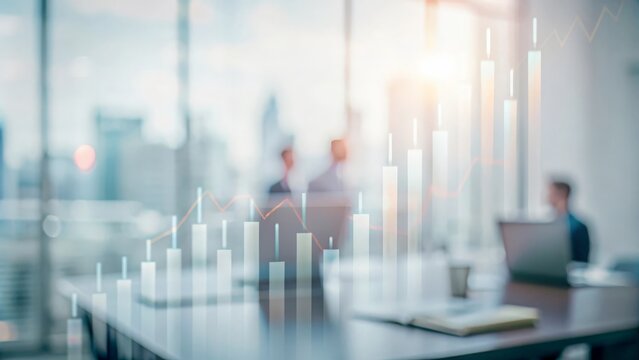 A professional office setting with a blurred background and an overlay of business data charts.