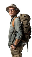 Fototapeta premium Portrait of a male hiker wearing a backpack and looking determined