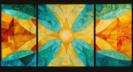 A geometric abstract wall art set featuring yellow, blue, and orange shapes