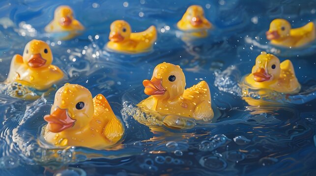 Playful Rubber Duck Parade in a Splashing Blue Pool