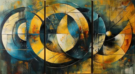 Yellow and blue circles are arranged in three geometric abstract wall art panels