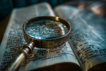 This detailed photograph features a crystal clear magnifying glass amplifying the fine print of a well-used Bible. Dramatic lighting enhances the textures of the paper, creating a captivating image.