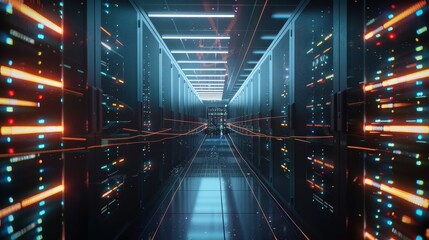 Shot of Corridor in Working Data Center Full of Rack Servers and Supercomputers with Internet connection Visualization Projection, technology, digital, futuristic, future,