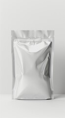 A blank silver foil packaging bag stands upright against a plain white background.