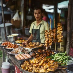 Obraz premium a vender street food stall on the street in Pattaya Thailand 2024, captured by