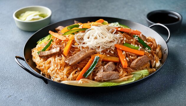 Korean funchosa dish with pork meat and vegetables, closeup, generative AI