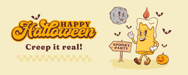 Halloween Groovy Pumpkin and Candle Retro Characters Banner. Cartoon Personage Walking with Evil Moon and Party Sign. Vector Autumn Holiday Mascot Background. Happy Vintage Cool Illustration Isolated