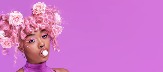 Fototapeta premium Playful model with a fashion pink hair. Ideal content for hair salons, hairtrends, hairdresser concept.