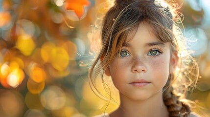 Fototapeta premium Golden Hour Gaze: A young girl with captivating blue eyes and a delicate braid gazes intently amidst a backdrop of warm autumnal bokeh. 